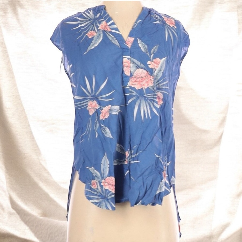 Gap Body Sleeveless Tropical Blouse | Blue Floral Print | Size Small